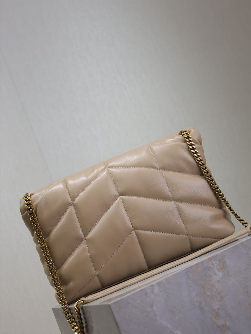 SAINT LAURENT YSL 25S LOULOU PUFFER GM 35 IN BROWN CALFSKIN GOLD HARDWRE