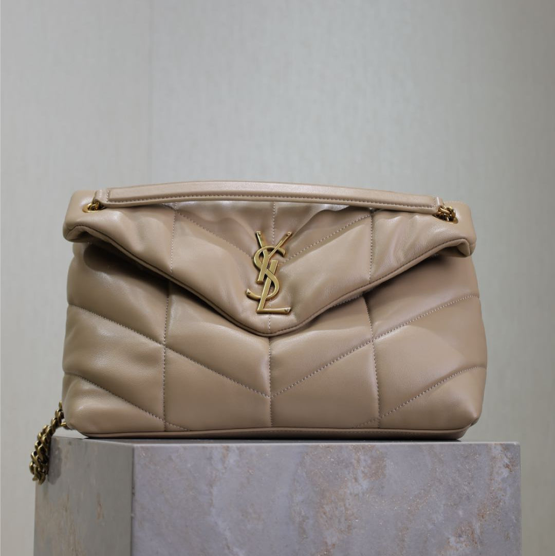 SAINT LAURENT YSL 25S LOULOU PUFFER GM 35 IN BROWN CALFSKIN GOLD HARDWARE