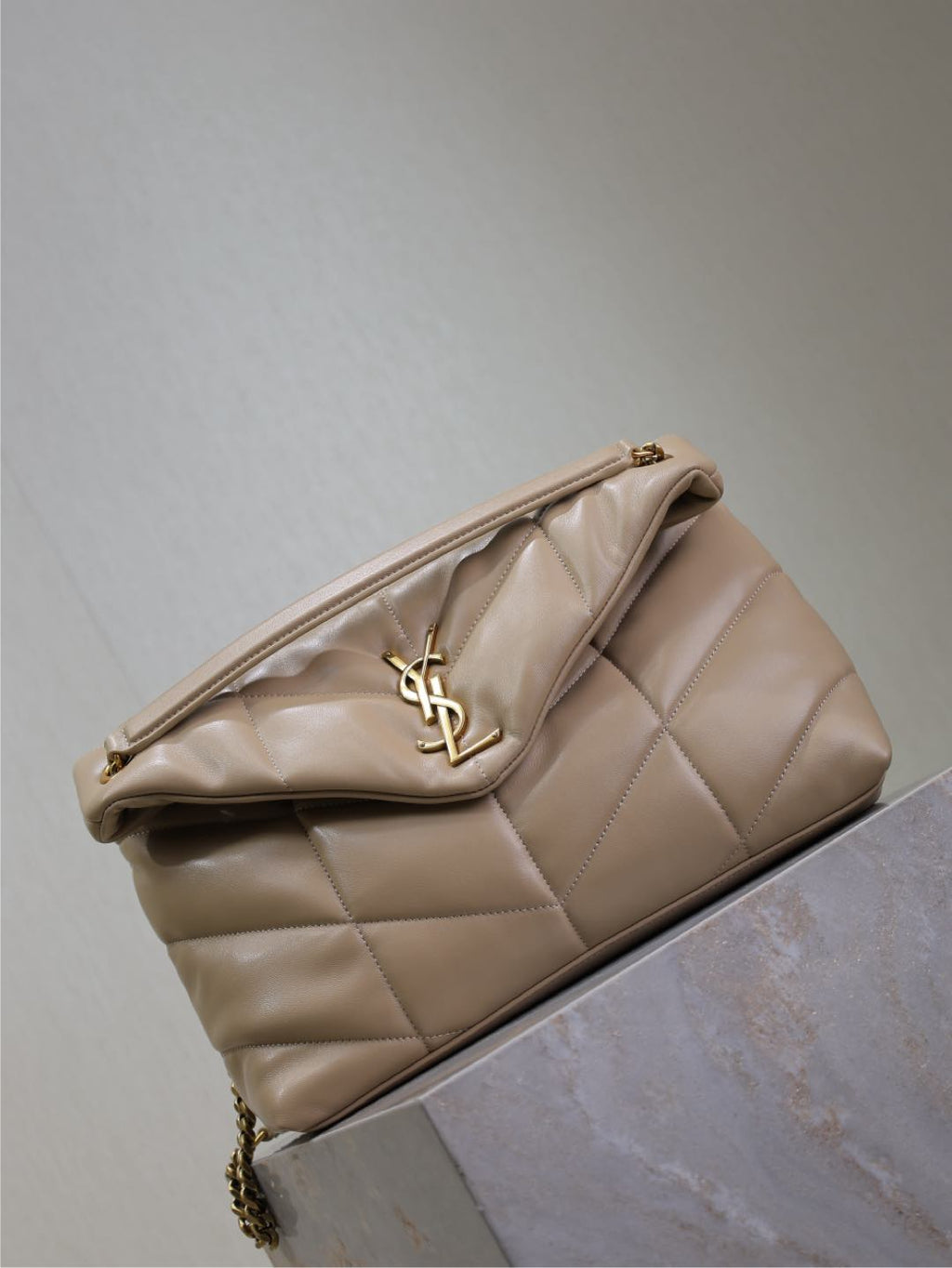 SAINT LAURENT YSL 25S LOULOU PUFFER GM 35 IN BROWN CALFSKIN GOLD HARDWRE