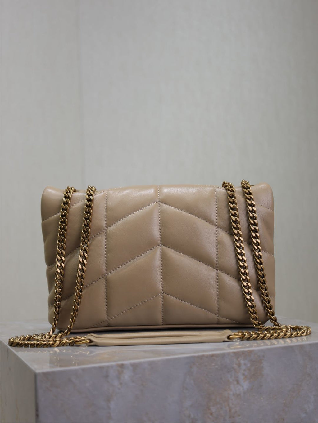 SAINT LAURENT YSL 25S LOULOU PUFFER MINI 23 IN BROWN CALFSKIN GOLD HARDWARE