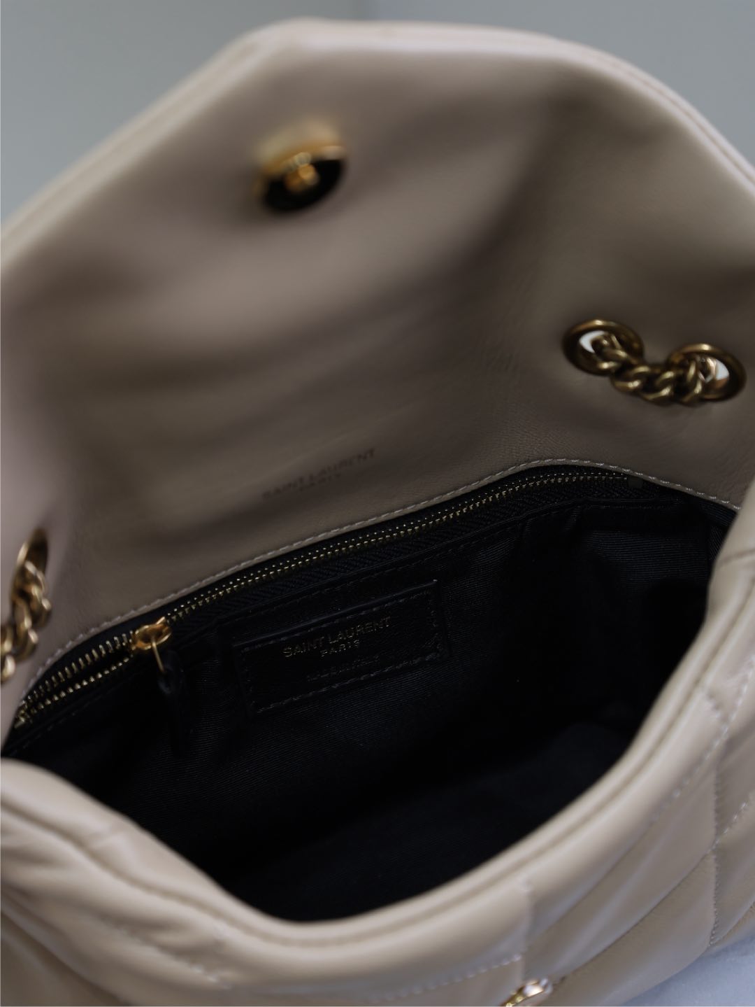 SAINT LAURENT YSL 25S LOULOU PUFFER MINI 23 IN BROWN CALFSKIN GOLD HARDWARE