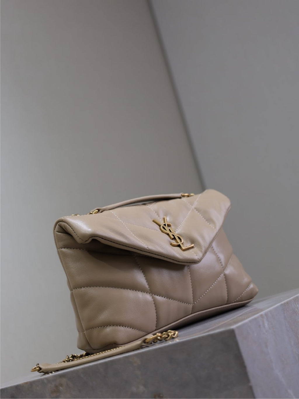 SAINT LAURENT YSL 25S LOULOU PUFFER MINI 23 IN BROWN CALFSKIN GOLD HARDWARE