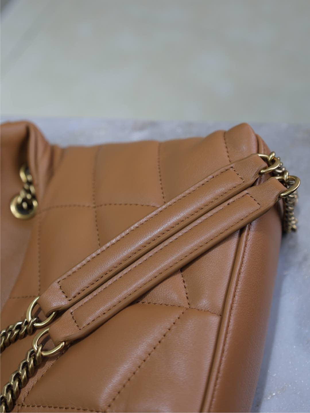SAINT LAURENT YSL 25S LOULOU PUFFER MINI 23 IN CARAMEL CALFSKIN GOLD HARDWARE