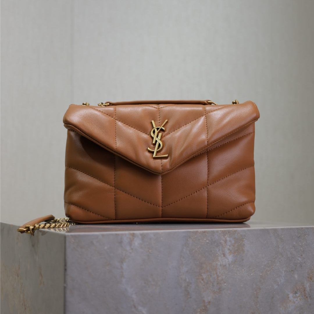 SAINT LAURENT YSL 25S LOULOU PUFFER MINI 23 IN CARAMEL CALFSKIN GOLD HARDWARE