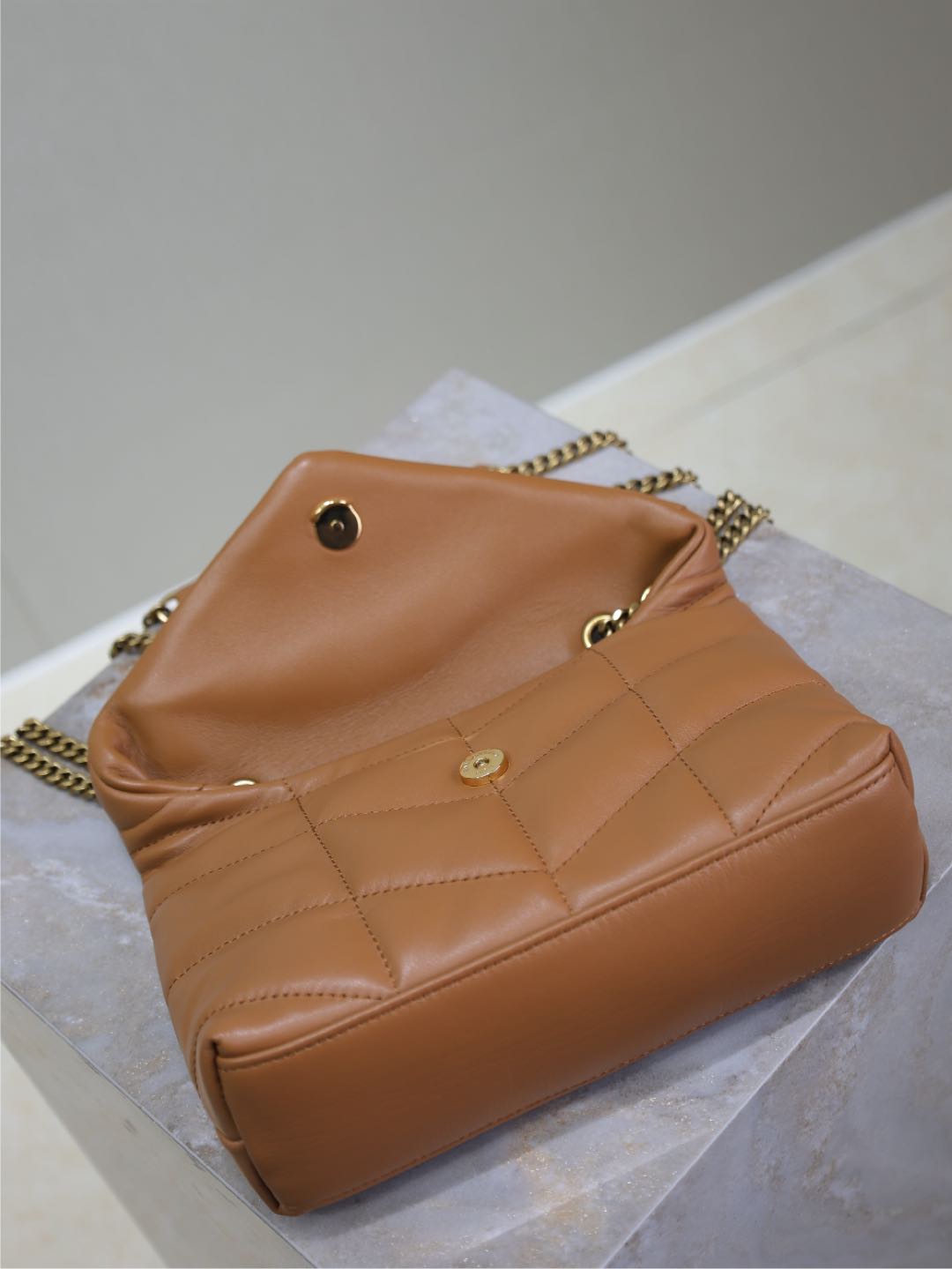 SAINT LAURENT YSL 25S LOULOU PUFFER MINI 23 IN CARAMEL CALFSKIN GOLD HARDWARE