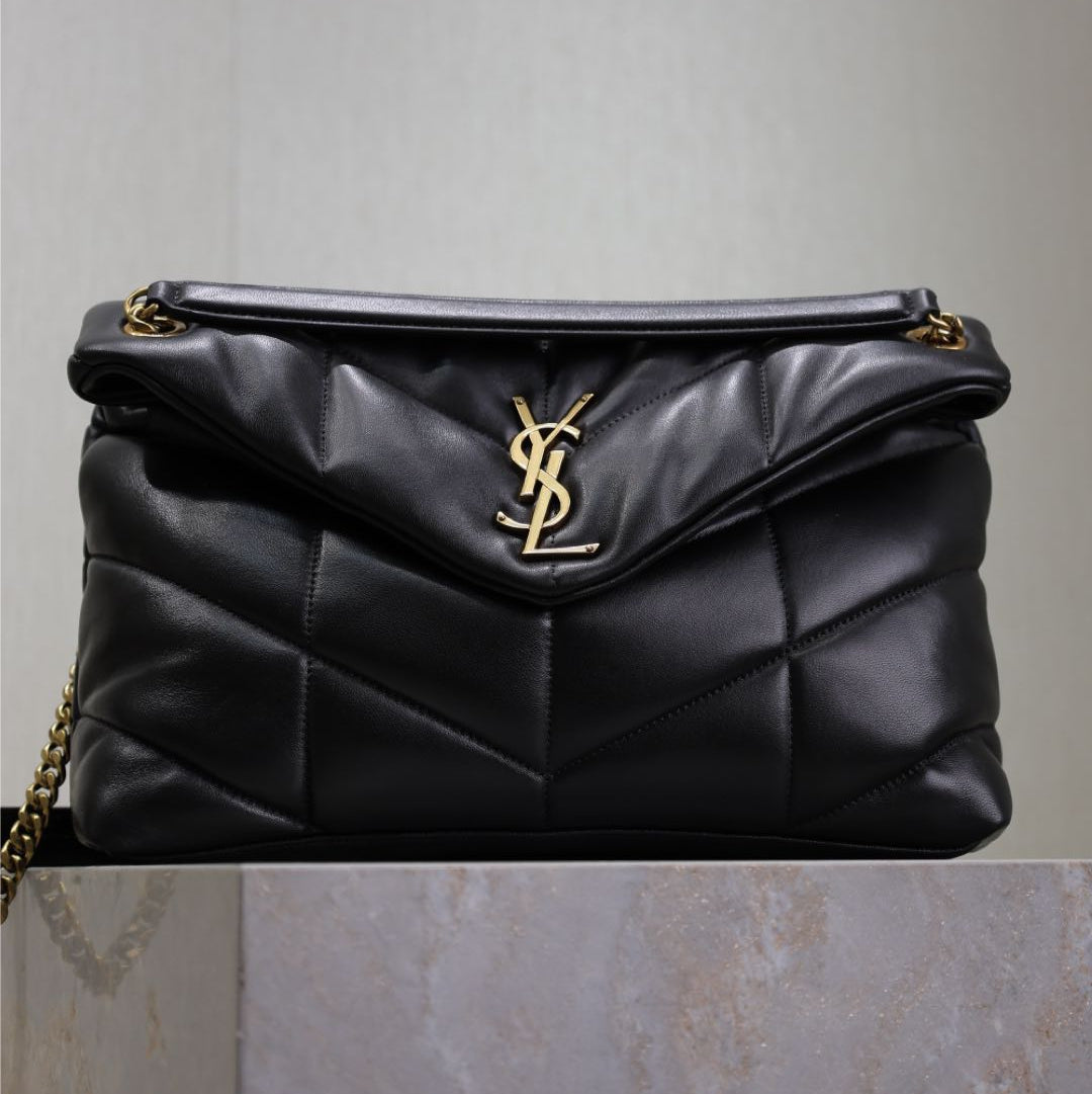 SAINT LAURENT YSL 25S LOULOU PUFFER GM 35 IN BLACK CALFSKIN GOLD HARDWARE