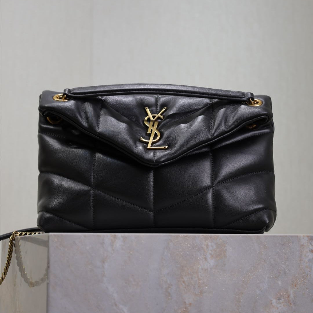 SAINT LAURENT YSL 25S LOULOU PUFFER MM 29 IN BLACK CALFSKIN GOLD HARDWARE