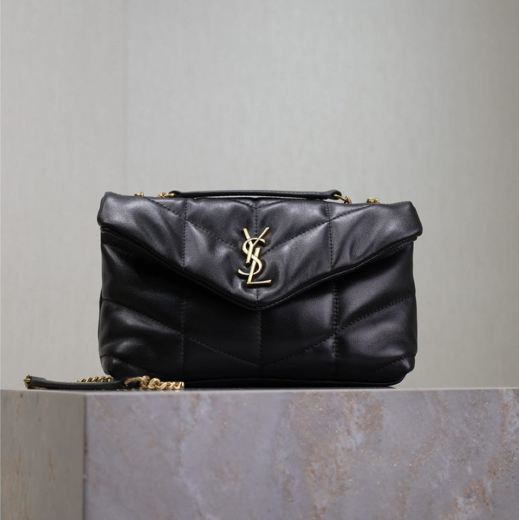 SAINT LAURENT YSL 25S LOULOU PUFFER MINI 23 IN BLACK CALFSKIN GOLD HARDWARE