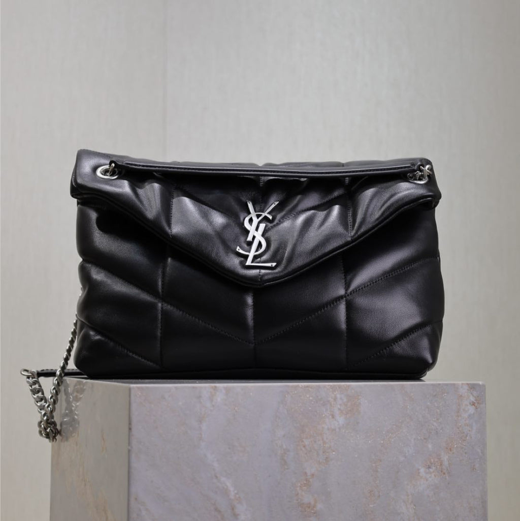 SAINT LAURENT YSL 25S LOULOU PUFFER GM 35 IN BLACK CALFSKIN SILVER HARDWRE