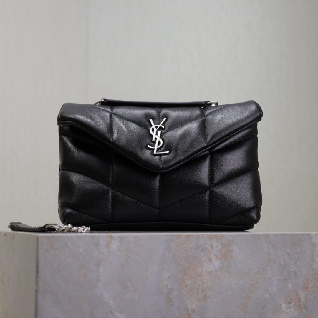 SAINT LAURENT YSL 25S LOULOU PUFFER MINI 23 IN BLACK CALFSKIN SILVER HARDWRE