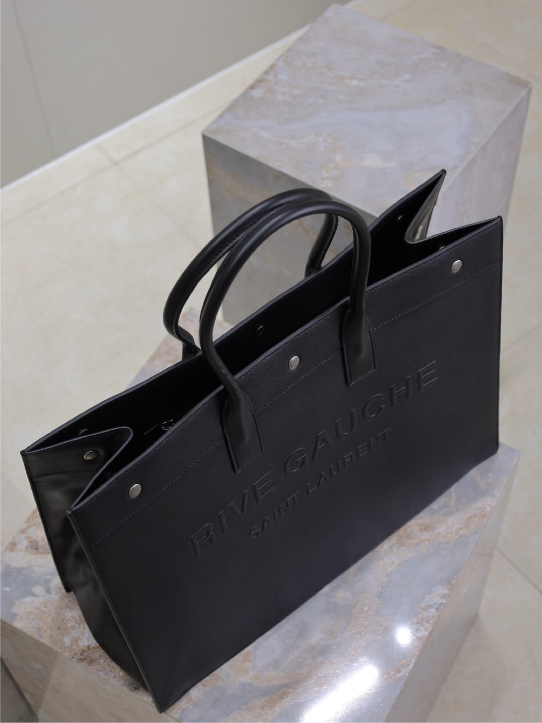 SAINT LAURENT YSL 25S RIVE GAUCHE LARGE TOTE BAG 48 IN BLACK CALFSKIN