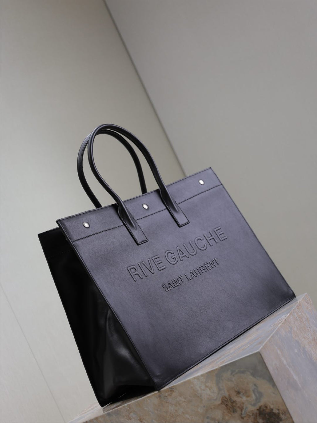 SAINT LAURENT YSL 25S RIVE GAUCHE LARGE TOTE BAG 48 IN BLACK CALFSKIN