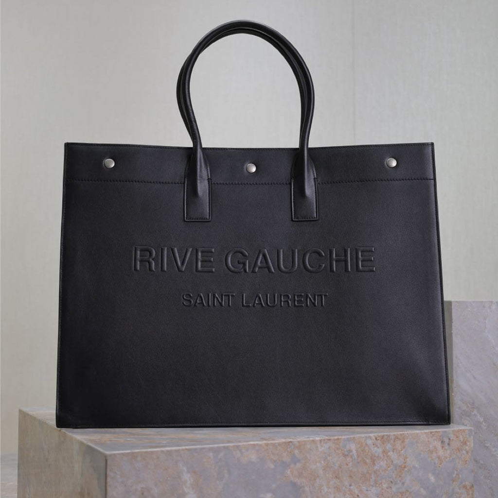 SAINT LAURENT YSL 25S RIVE GAUCHE LARGE TOTE BAG 48 IN BLACK CALFSKIN