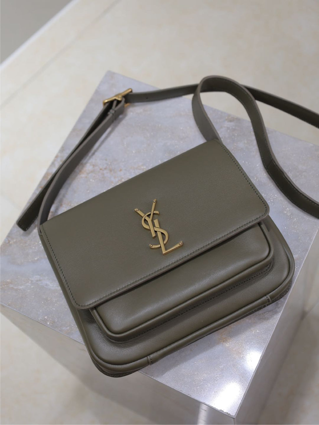 SAINT LAURENT YSL 25S NIKI BABY 22 IN DARK OLIVE BROWN CALFSKIN GOLD HARDWRE