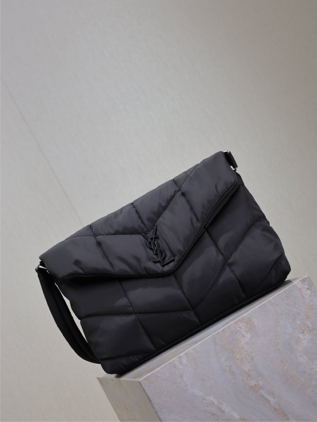 SAINT LAURENT YSL 25S LOULOU PUFFER BAG 34 IN BLACK NYLON BLACK HARDWARE