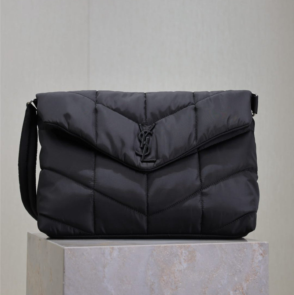 SAINT LAURENT YSL 25S LOULOU PUFFER BAG 34 IN BLACK NYLON BLACK HARDWRE