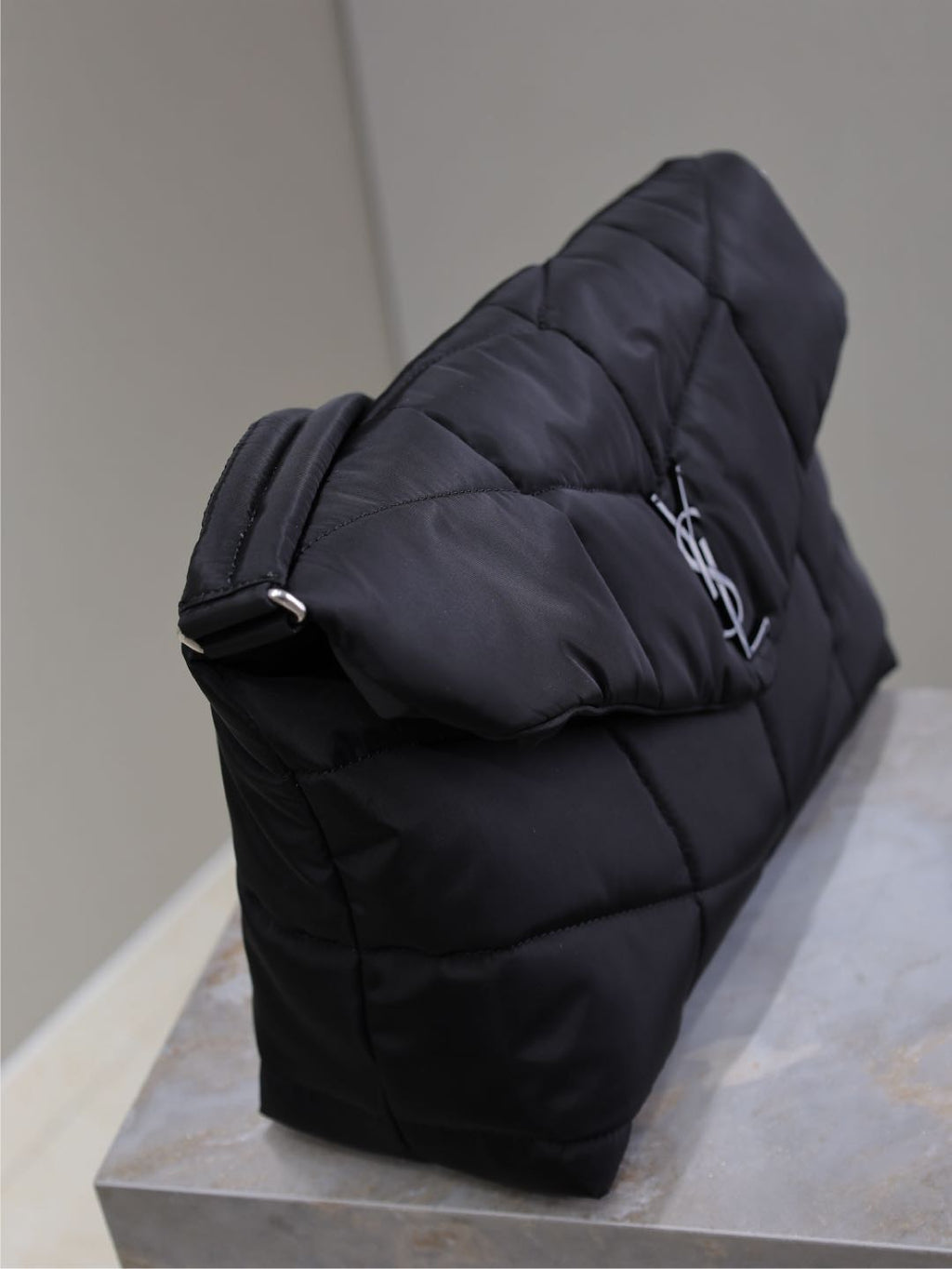 SAINT LAURENT YSL 25S LOULOU PUFFER BAG 34 IN BLACK NYLON BLACK HARDWARE