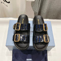 PRADA CROCODILE MOTIF STRAP SLIDES SANLS BLACK AND LAPIS CALFSKIN