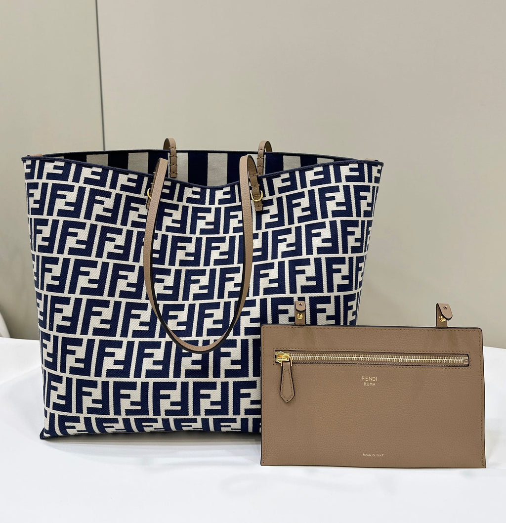 FENDI LARGE ROLL 33 IN MIDNIGHT BLUE MIX WHITE JACQUARD FABRIC