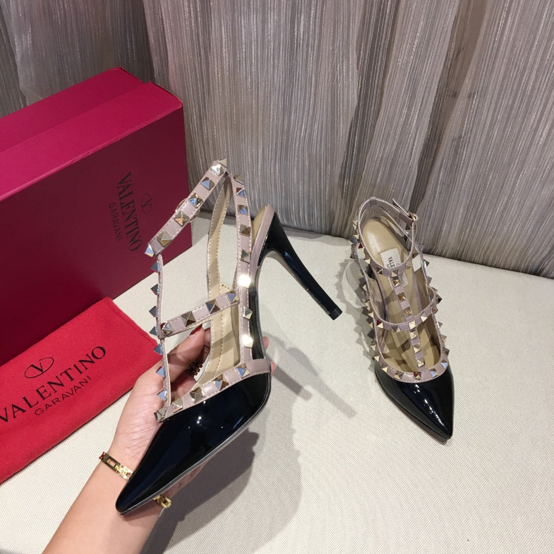 ROCKSTUD CAGED HIGH PUMP IN BLACK MIX LIGHT PINK PATENT CALFSKIN 100 MM