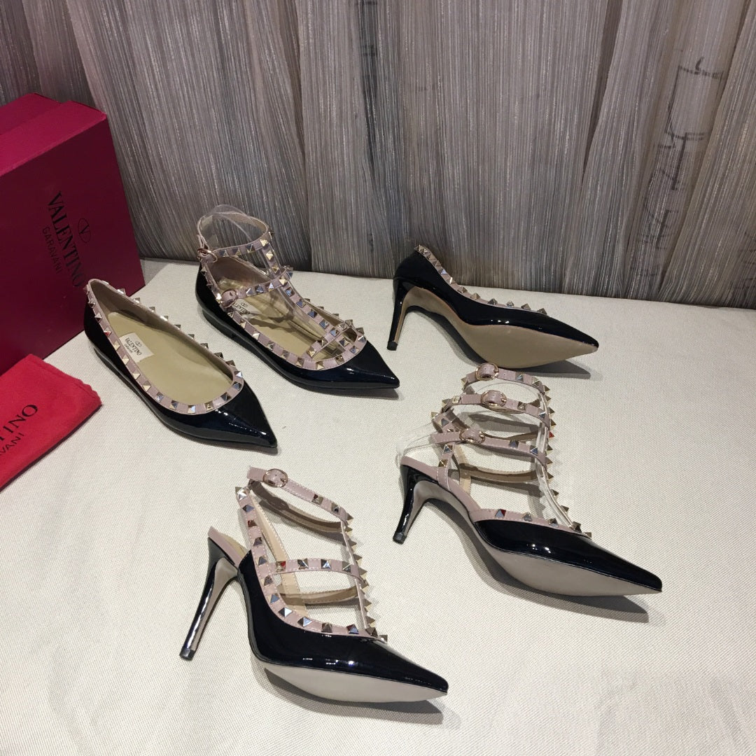 ROCKSTUD CAGED HIGH PUMP IN BLACK MIX LIGHT PINK PATENT CALFSKIN 100 MM