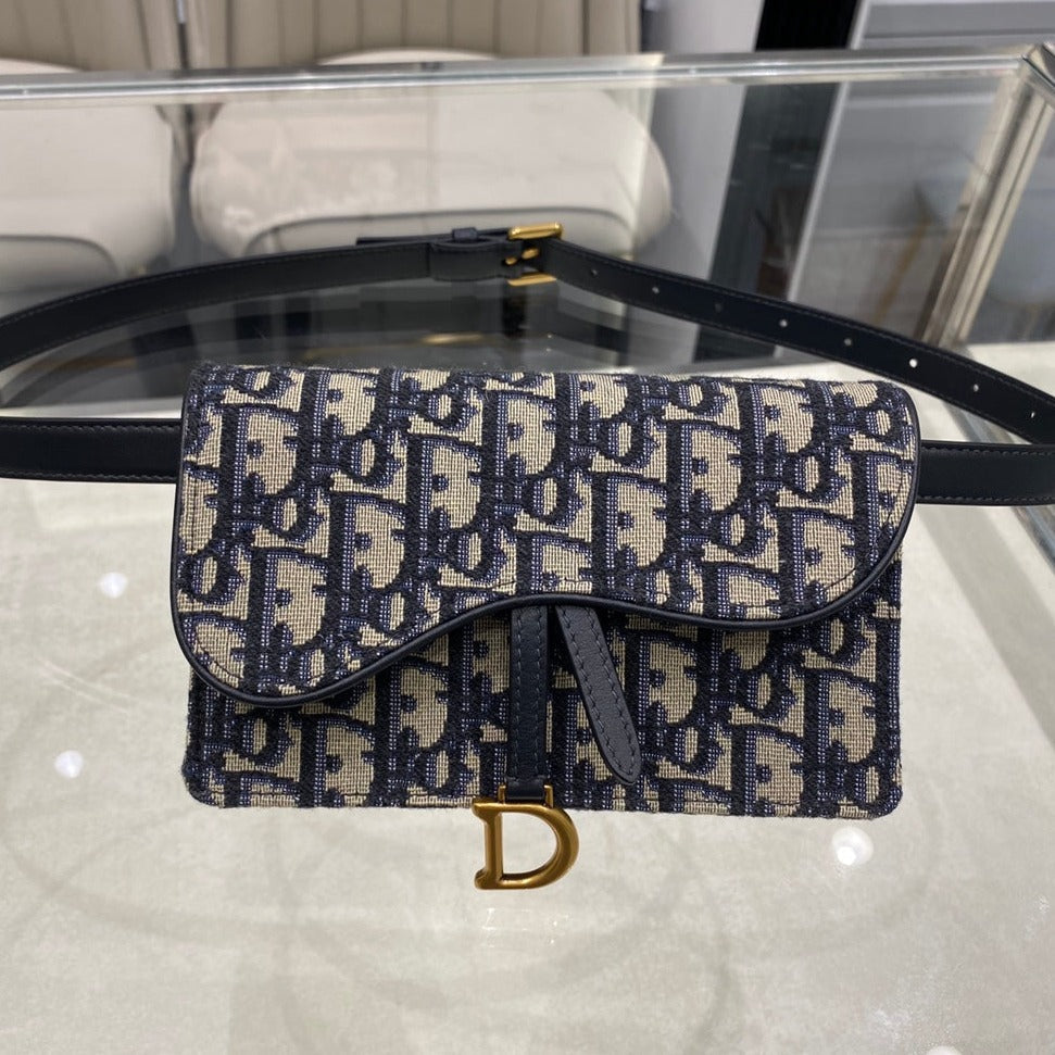 DIOR CD SADDLE 17CM BELT BEG BLUE OBLIQUE EMBROIDERY