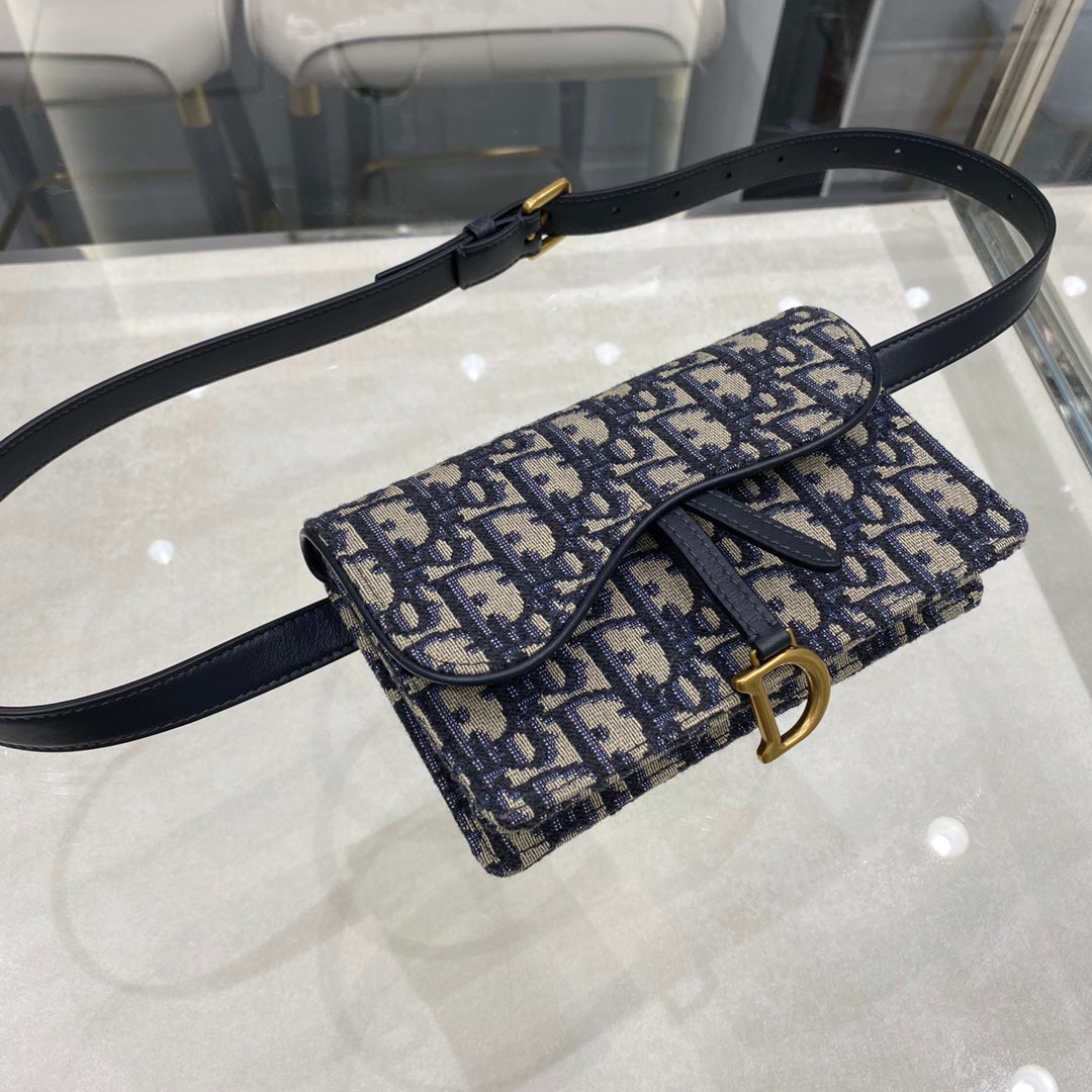 DIOR CD SADDLE 17CM BELT BEG BLUE OBLIQUE EMBROIDERY