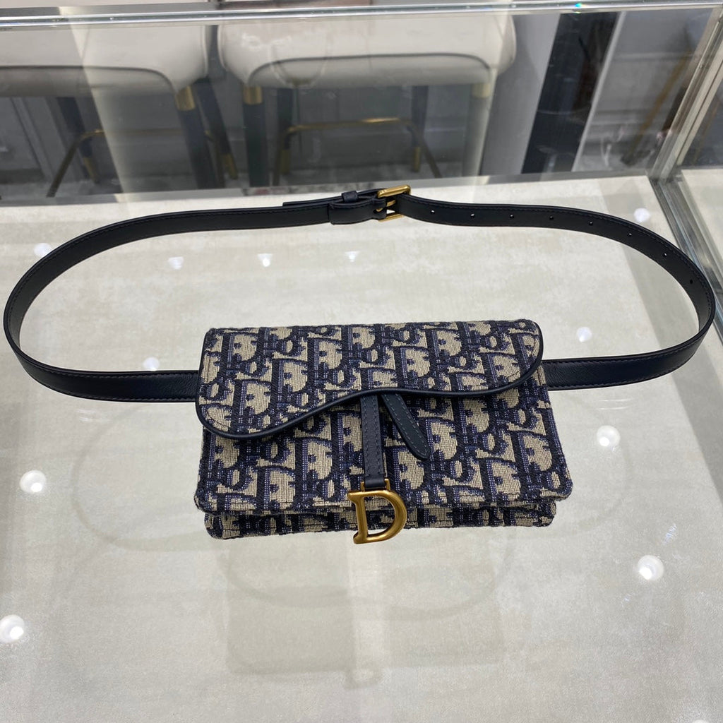 DIOR CD SADDLE 17CM BELT BEG BLUE OBLIQUE EMBROIDERY