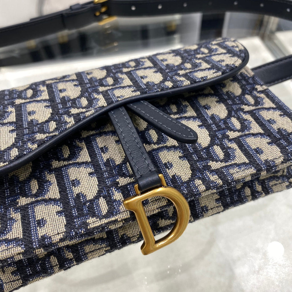 DIOR CD SADDLE 17CM BELT BEG BLUE OBLIQUE EMBROIDERY