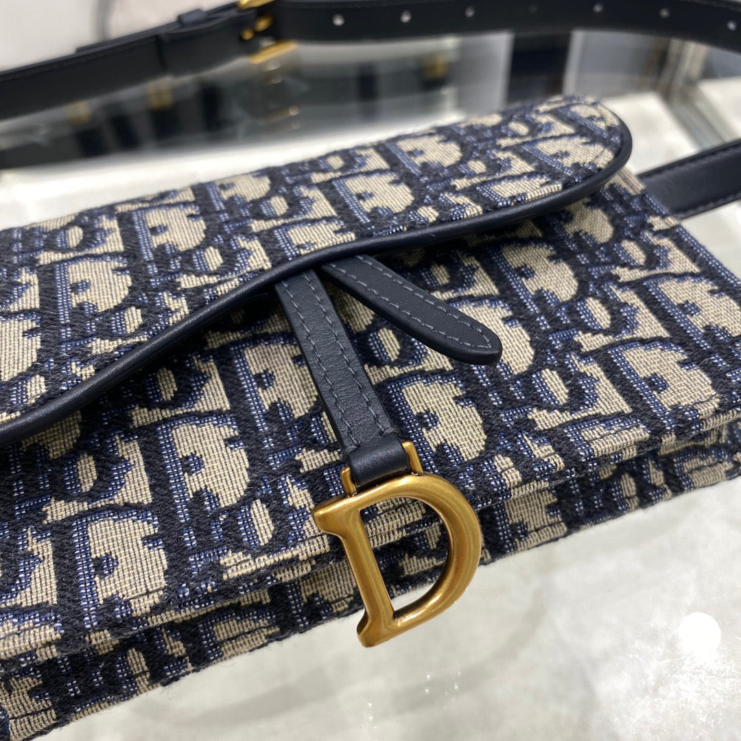 DIOR CD SADDLE 17CM BELT BEG BLUE OBLIQUE EMBROIDERY