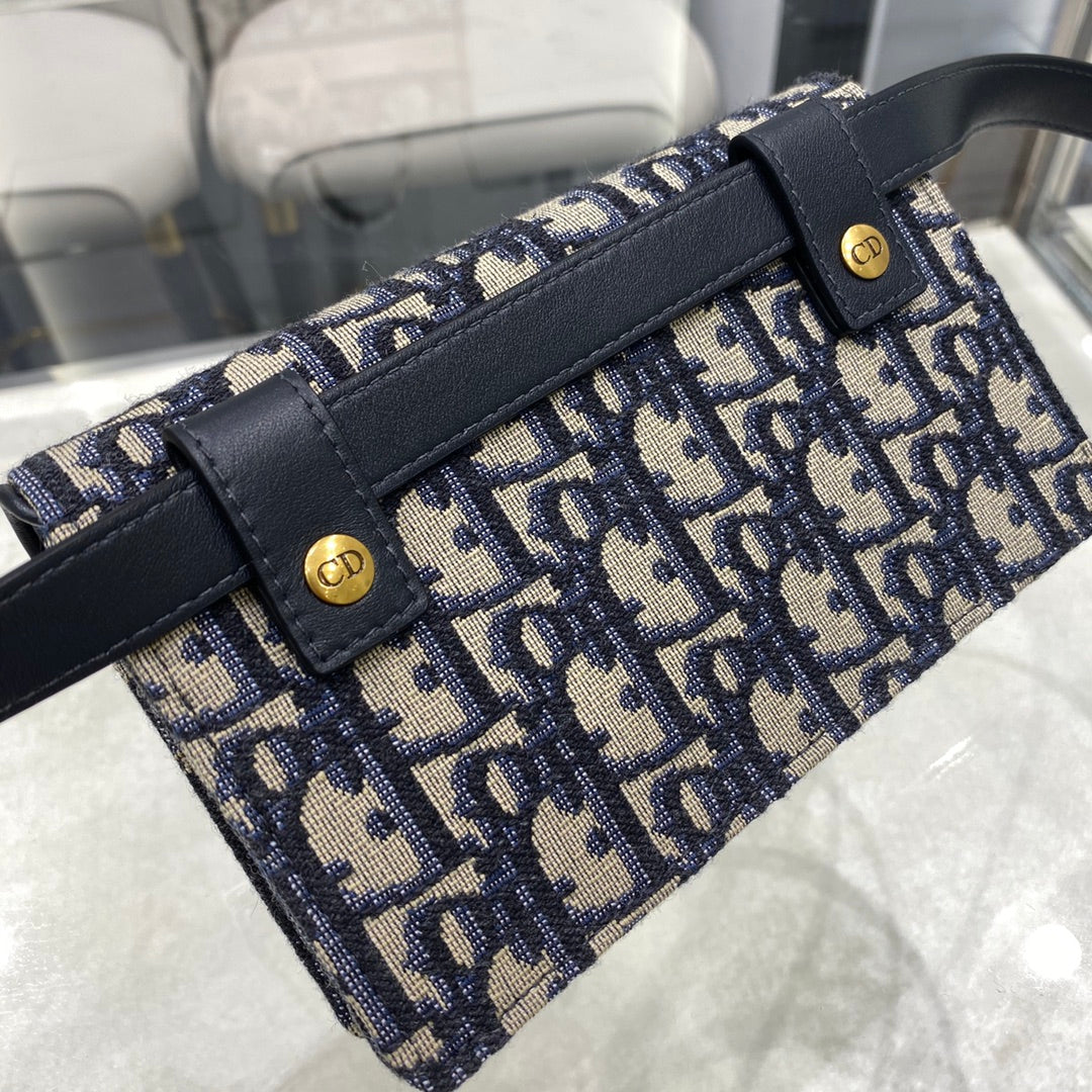 DIOR CD SADDLE 17CM BELT BEG BLUE OBLIQUE EMBROIDERY