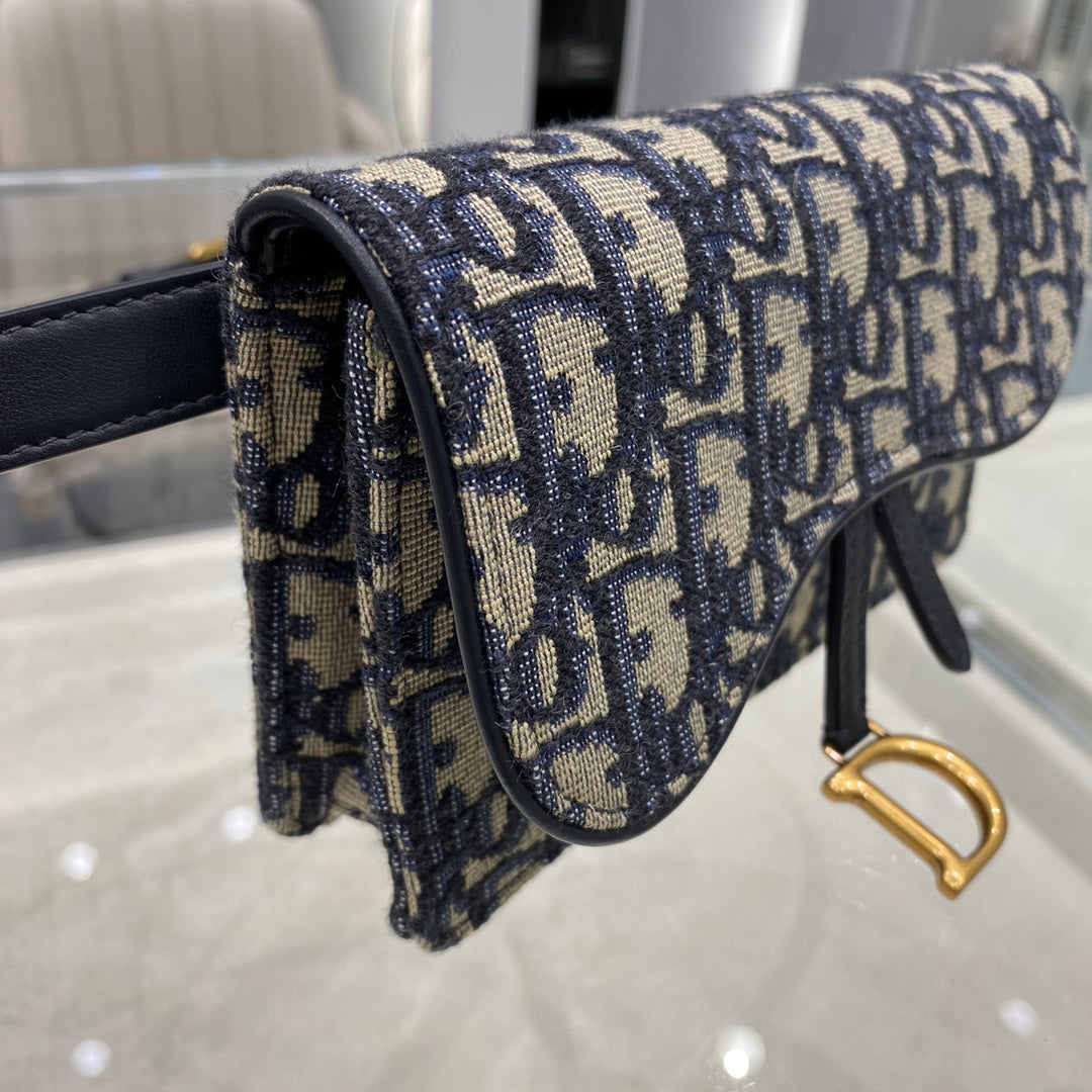 DIOR CD SADDLE 17CM BELT BEG BLUE OBLIQUE EMBROIDERY
