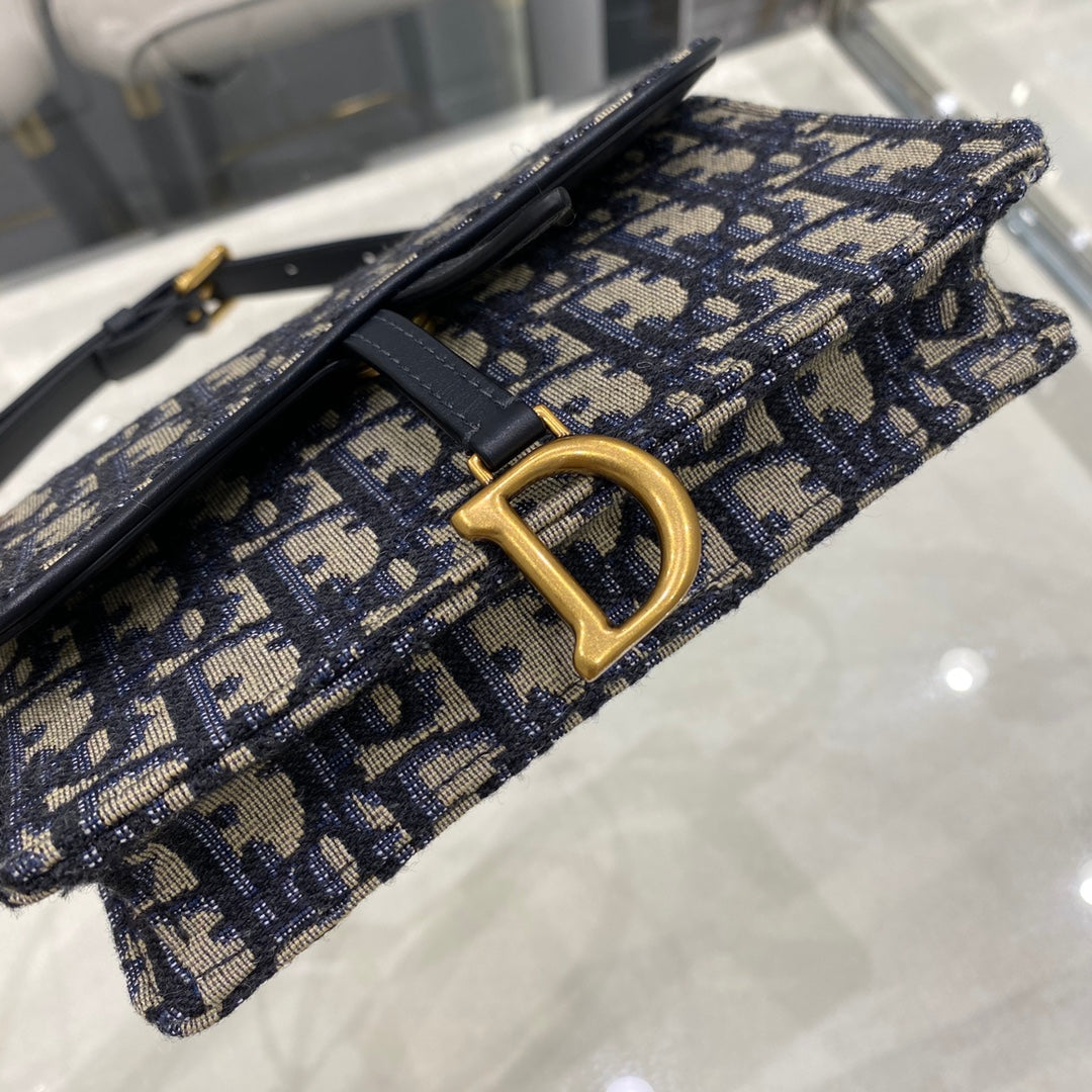 DIOR CD SADDLE 17CM BELT BEG BLUE OBLIQUE EMBROIDERY