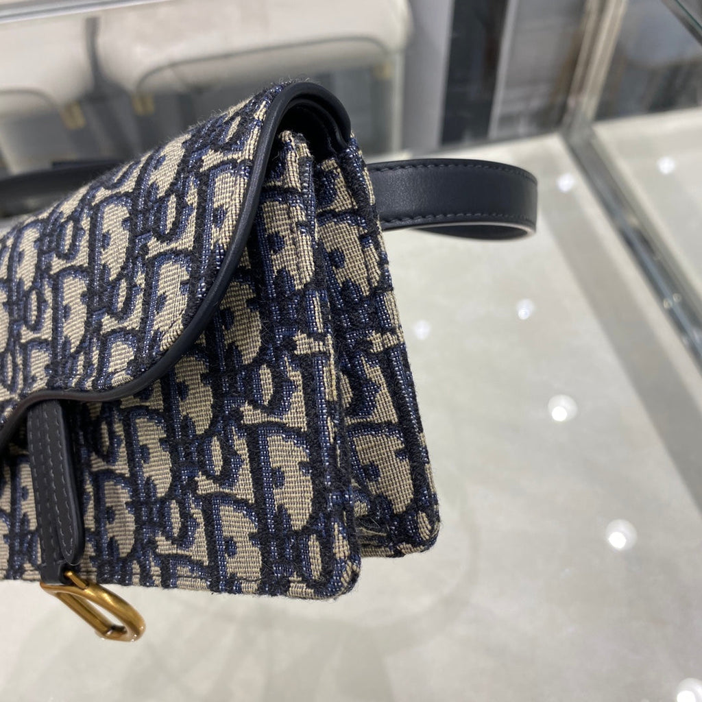 DIOR CD SADDLE 17CM BELT BEG BLUE OBLIQUE EMBROIDERY