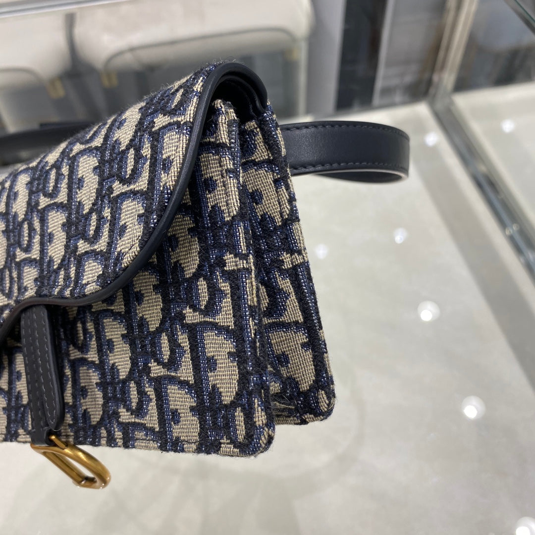 DIOR CD SADDLE 17CM BELT BEG BLUE OBLIQUE EMBROIDERY