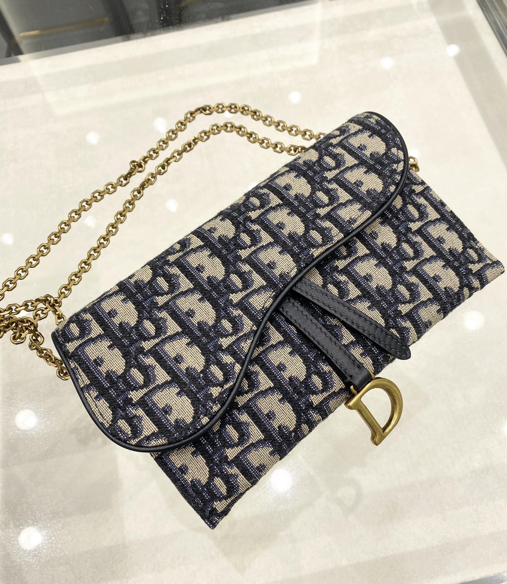 DIOR CD Saddle WOC 19cm Blue Obique Embroidery