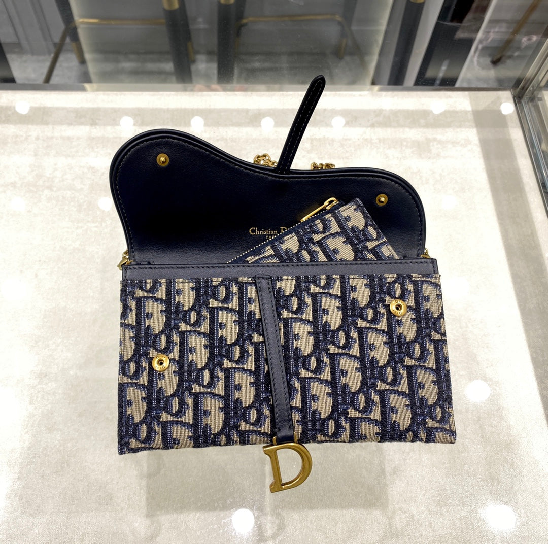DIOR CD Saddle WOC 19cm Blue Obique Embroidery